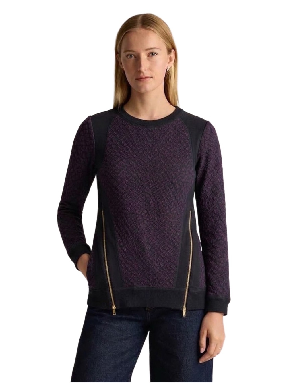 Rebecca Taylor Animal Print Moto Zip Crewneck Sweater — Wine/Black — Size 0